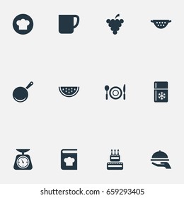 Vector Illustration Set Of Simple Kitchen Icons. Elements Cookware, Recipes, Weighing And Other Synonyms Haute, Vinegar And Refrigerator.