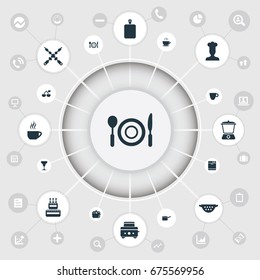 Vector Illustration Set Of Simple Kitchen Icons. Elements Delicious Fruits, Bbq, Hot Cup And Other Synonyms Skewer, Hat And Beverage.