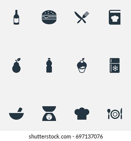 Vector Illustration Set Of Simple Kitchen Icons. Elements Plastic Bottle, Recipes, Wine And Other Synonyms Fridge, Pastery And Pear.