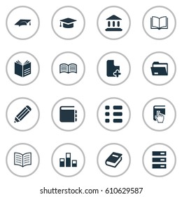 Vector Illustration Set Of Simple Knowledge Icons. Elements Notebook, Library, Literature And Other Synonyms Diary, Graduation And Pen.