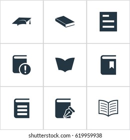 Vector Illustration Set Of Simple Knowledge Icons. Elements Academic Cap, Book Cover, Sketchbook And Other Synonyms Document, Graduation And Textbook.