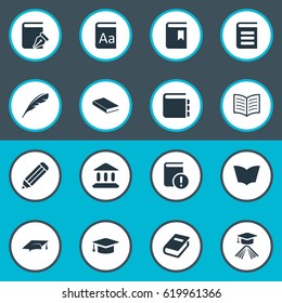 Vector Illustration Set Of Simple Knowledge Icons. Elements Plume, Academic Cap, Notebook And Other Synonyms Cap, Journal And Feather.