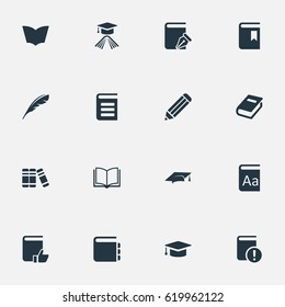 Vector Illustration Set Of Simple Knowledge Icons. Elements Book Cover, Academic Cap, Notebook And Other Synonyms Notepad, Pen And Library.