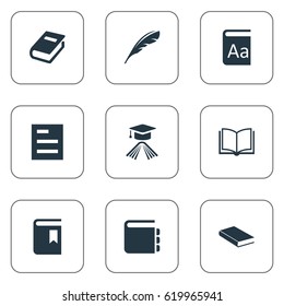Vector Illustration Set Of Simple Knowledge Icons. Elements Graduation Hat, Book Cover, Notebook And Other Synonyms Academic, Quill And Document.