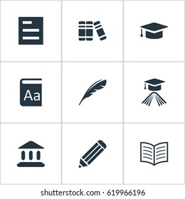 Vector Illustration Set Of Simple Knowledge Icons. Elements Academic Cap, Pen, Graduation Hat And Other Synonyms Quill, Alphabet And List.