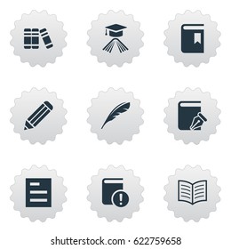 Vector Illustration Set Of Simple Knowledge Icons. Elements Book Page, Bookshelf, Plume And Other Synonyms Academic, Reading And Bookmark.