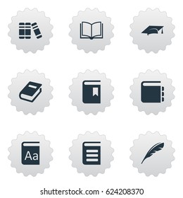 Vector Illustration Set Of Simple Knowledge Icons. Elements Blank Notebook, Notebook, Journal And Other Synonyms Feather, Bookmark And Graduation.