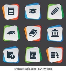 Vector Illustration Set Of Simple Knowledge Icons. Elements Alphabet, Academic Cap, Pen And Other Synonyms Pen, Book And Bookshelf.