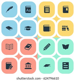 Vector Illustration Set Of Simple Knowledge Icons. Elements Notebook, Encyclopedia, Alphabet And Other Synonyms Dictionary, Writing And Literature.