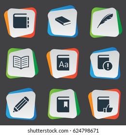 Vector Illustration Set Of Simple Knowledge Icons. Elements Plume, Pen, Book Cover And Other Synonyms Notepad, Feather And Journal.