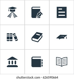 Vector Illustration Set Of Simple Knowledge Icons. Elements Bookshelf, Notebook, Sketchbook And Other Synonyms Academy, Literature And Bookshelf.