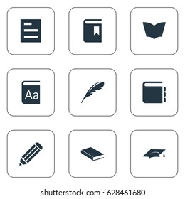 Vector Illustration Set Of Simple Knowledge Icons. Elements Pen, Plume, Book Cover And Other Synonyms Catalog, Writing And Graduation.