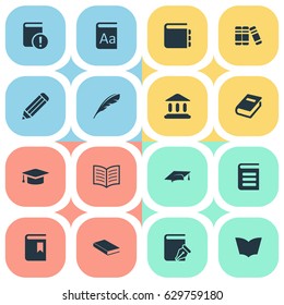 Vector Illustration Set Of Simple Knowledge Icons. Elements Academic Cap, Notebook, Important Reading And Other Synonyms Plume, Journal And Write.