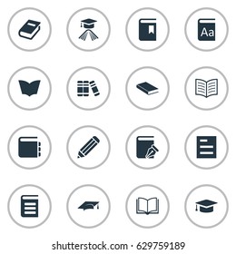 Vector Illustration Set Of Simple Knowledge Icons. Elements Notebook, Journal, Tasklist And Other Synonyms Literature, Pen And Encyclopedia.