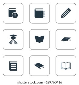 Vector Illustration Set Of Simple Knowledge Icons. Elements Academic Cap, Important Reading, Journal And Other Synonyms Textbook, Pencil And Page.