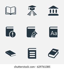 Vector Illustration Set Of Simple Knowledge Icons. Elements Graduation Hat, Notebook, Library And Other Synonyms Reading, Encyclopedia And Building.