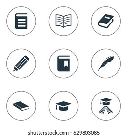 Vector Illustration Set Of Simple Knowledge Icons. Elements Notebook, Plume, Academic Cap And Other Synonyms Pencil, Notebook And Reading.