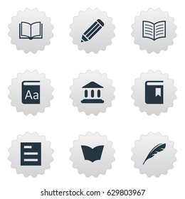 Vector Illustration Set Of Simple Knowledge Icons. Elements Pen, Book Page, Book Cover And Other Synonyms Textbook, Dictionary And Catalog.