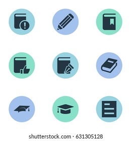 Vector Illustration Set Of Simple Knowledge Icons. Elements Pen, Tasklist, Recommended Reading And Other Synonyms Sketchbook, Hat And Graduation.