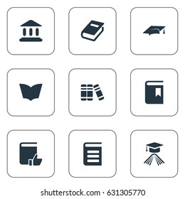 Vector Illustration Set Of Simple Knowledge Icons. Elements Library, Notebook, Reading And Other Synonyms Page, Book And Cap.