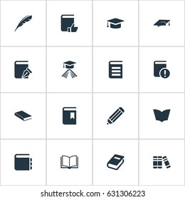 Vector Illustration Set Of Simple Knowledge Icons. Elements Pen, Academic Cap, Bookshelf And Other Synonyms Dictionary, Page And Recommended.