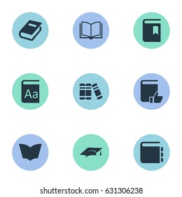 Vector Illustration Set Of Simple Knowledge Icons. Elements Academic Cap, Notebook, Recommended Reading And Other Synonyms Notebook, Notepad And Catalog.