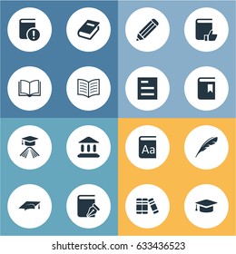 Vector Illustration Set Of Simple Knowledge Icons. Elements Book Cover, Pen, Academic Cap And Other Synonyms Library, Pen And Building.