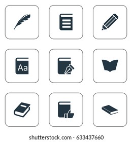 Vector Illustration Set Of Simple Knowledge Icons. Elements Plume, Pen, Recommended Reading And Other Synonyms Encyclopedia, Pencil And Notebook.