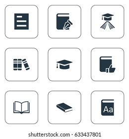 Vector Illustration Set Of Simple Knowledge Icons. Elements Alphabet, Graduation Hat, Recommended Reading And Other Synonyms Catalog, Book And Alphabet.