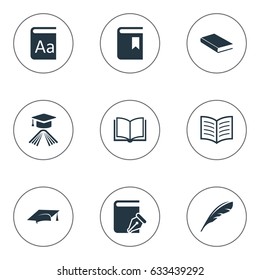 Vector Illustration Set Of Simple Knowledge Icons. Elements Plume, Academic Cap, Book Page And Other Synonyms Graduation, Plume And Hat.