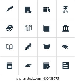Vector Illustration Set Of Simple Knowledge Icons. Elements Academic Cap, Encyclopedia, Bookshelf And Other Synonyms Quill, Book And Graduation.