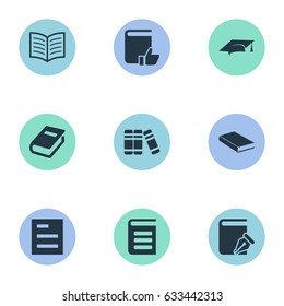 Vector Illustration Set Of Simple Knowledge Icons. Elements Bookshelf, Tasklist, Encyclopedia And Other Synonyms Hat, Write And Graduation.