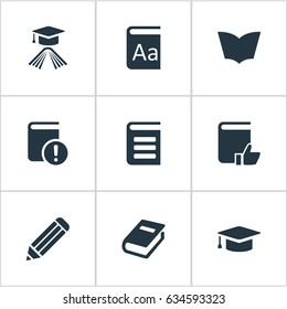 Vector Illustration Set Of Simple Knowledge Icons. Elements Alphabet, Pen, Recommended Reading And Other Synonyms Reading, Graduation And Favored.