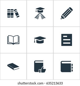 Vector Illustration Set Of Simple Knowledge Icons. Elements Graduation Hat, Journal, Blank Notebook And Other Synonyms List, Pen And Book.