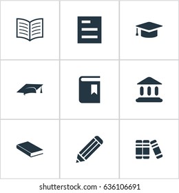 Vector Illustration Set Of Simple Knowledge Icons. Elements Bookshelf, Library, Academic Cap And Other Synonyms Academy, Literature And Academic.