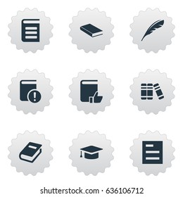Vector Illustration Set Of Simple Knowledge Icons. Elements Notebook, Academic Cap, Encyclopedia And Other Synonyms Graduation, Quill And Bookshelf.