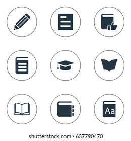 Vector Illustration Set Of Simple Knowledge Icons. Elements Alphabet, Recommended Reading, Blank Notebook And Other Synonyms Textbook, Hat And Writing.