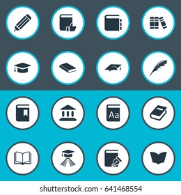 Vector Illustration Set Of Simple Knowledge Icons. Elements Academic Cap, Reading, Academic Cap And Other Synonyms Quill, Notepad And Feather.