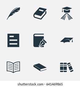 Vector Illustration Set Of Simple Knowledge Icons. Elements Academic Cap, Bookshelf, Graduation Hat And Other Synonyms Plume, Reading And Quill.