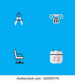 Vector Illustration Set Of Simple Knowledge Icons. Elements Armchair, Date Block, Measurement Dividers And Other Synonyms Pillar, Measurement And Calendar.
