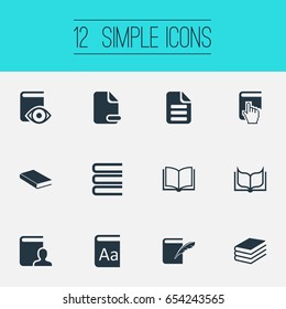 Vector Illustration Set Of Simple Knowledge Icons. Elements Study, Opened Book, Alphabet And Other Synonyms Reading, Books And Cursor.