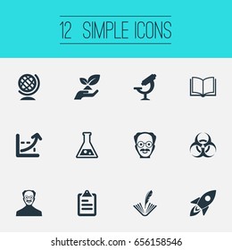 Vector Illustration Set Of Simple Knowledge Icons. Elements Book, Flask, Ecology And Other Synonyms Spaceship, Feather And Textbook.