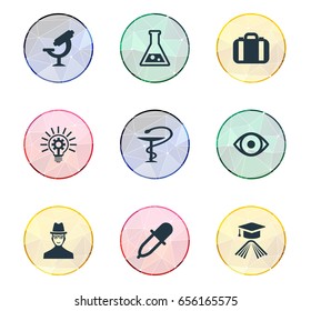 Vector Illustration Set Of Simple Knowledge Icons. Elements Administration, Flask, Biology And Other Synonyms Medicine, Technology And Laboratory.