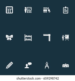 Vector Illustration Set Of Simple Knowledge Icons. Elements Christmas Ornaments, Speech, Slideshow And Other Synonyms Architect, Pen And School.