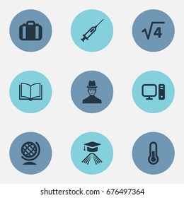 Vector Illustration Set Of Simple Knowledge Icons. Elements Globe, Book, Researcher And Other Synonyms Man, Syringe And Mathematics.