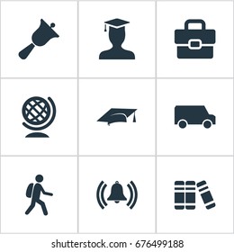 Vector Illustration Set Of Simple Knowledge Icons. Elements Student, Bell, Break And Other Synonyms Globe, Cap And Pedagogue.
