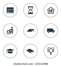 Vector Illustration Set Of Simple Knowledge Icons. Elements Undergraduate, Sandglass, Cap Synonyms Undergraduate, Hourglass And Building.