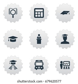 Vector Illustration Set Of Simple Knowledge Icons. Elements Undergraduate, Slideshow, Hat And Other Synonyms Educationalist, Magnifier And Cap.