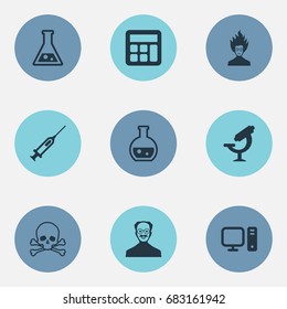 Vector Illustration Set Of Simple Knowledge Icons. Elements Pharmacology, Reckoning, Syringe And Other Synonyms Mad, Laboratory And Genius.
