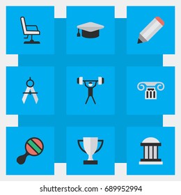 Vector Illustration Set Of Simple Knowledge Icons. Elements Armchair, Measurement Dividers, Racket And Other Synonyms Bodybuilding, Compass And Drawing.